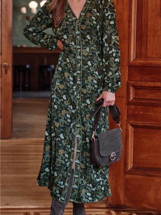 J. Jill Dresses & Skirts - J. Jill Dark Green Paisley Maxi Dress with Button Front